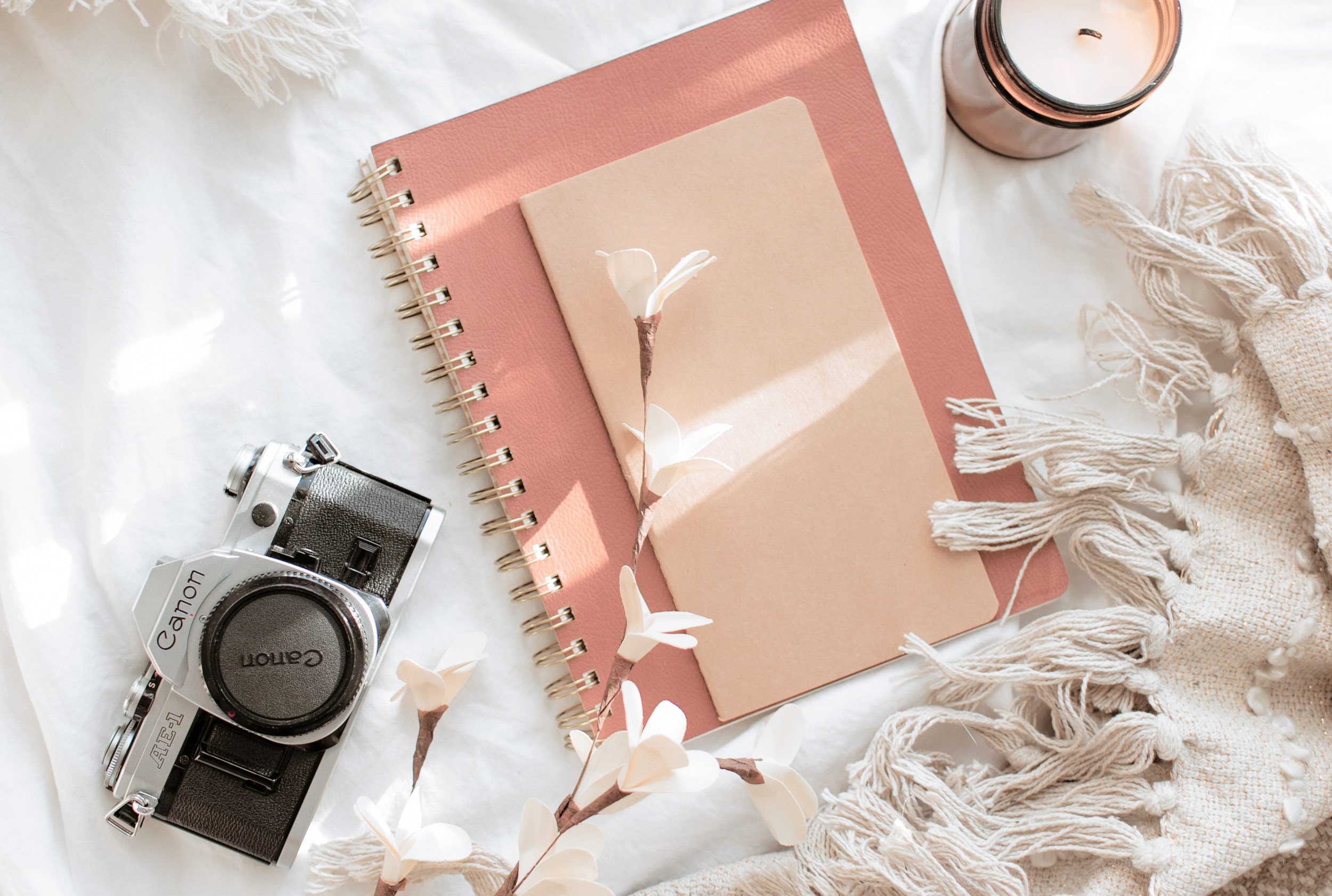 camera with pink notebooks