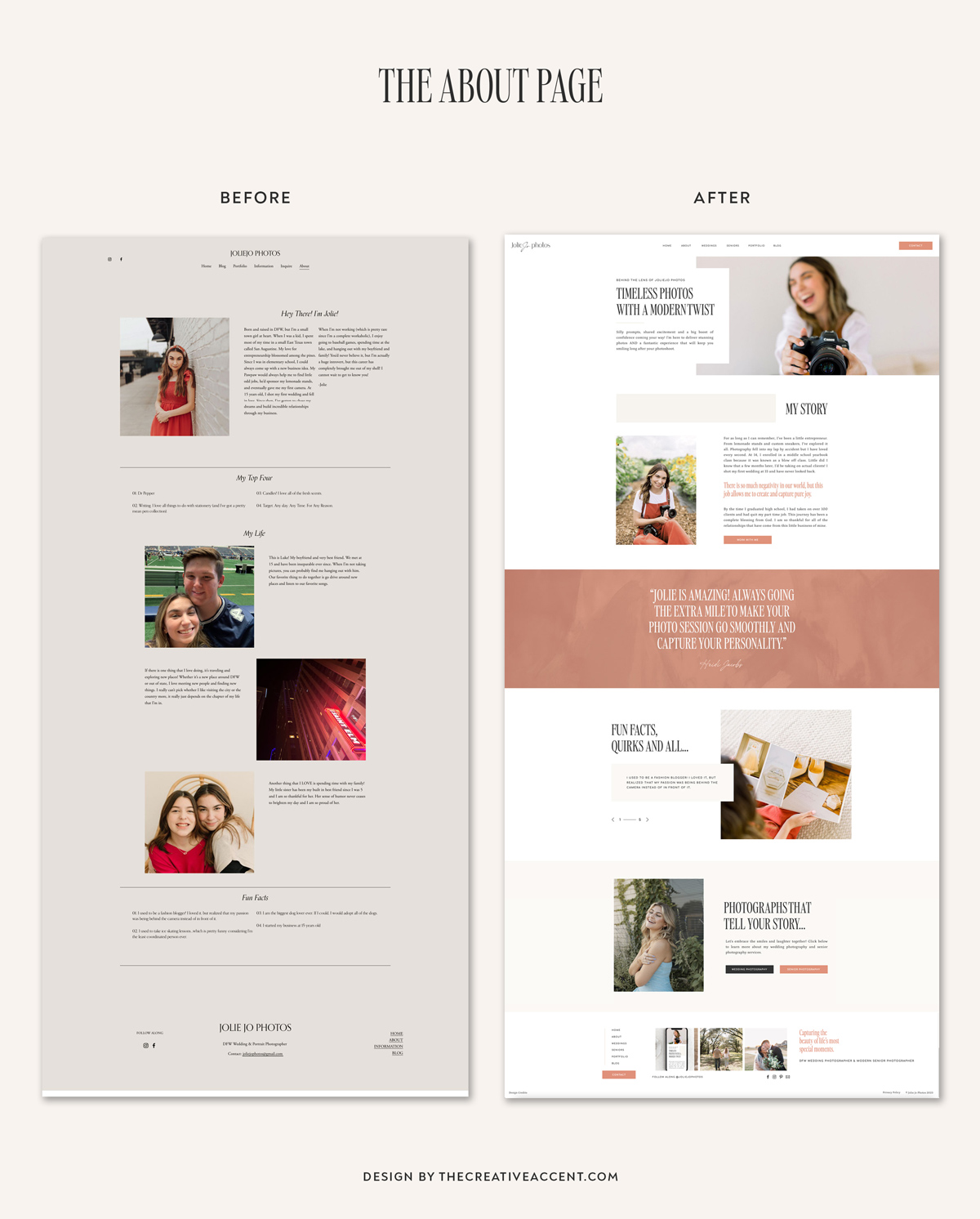 website redesign before and after of Jolie Jo Photography's About page