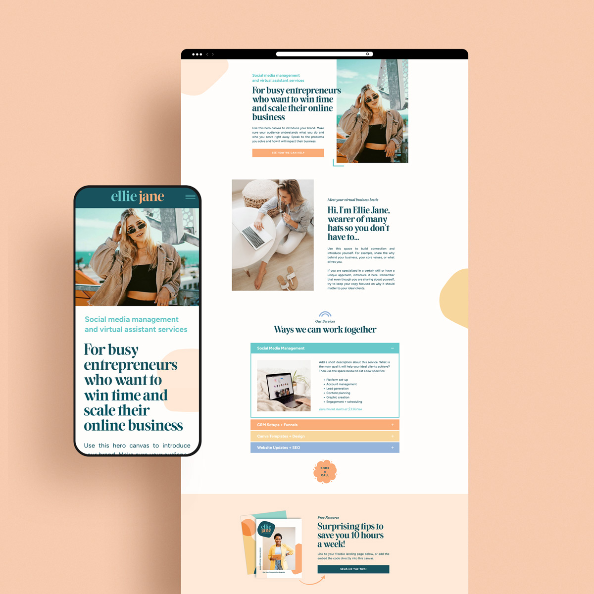 mockup of Ellie Jane, a one page website template for Showit designed by The Creative Accent