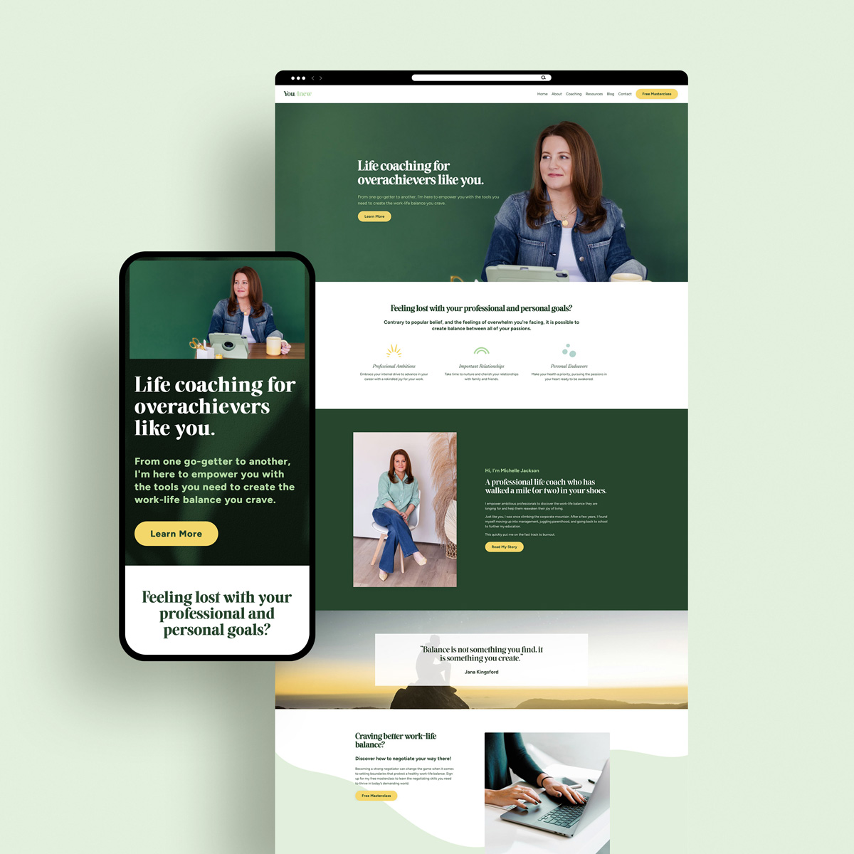 desktop and mobile mockup of life coach website design for YouAnew