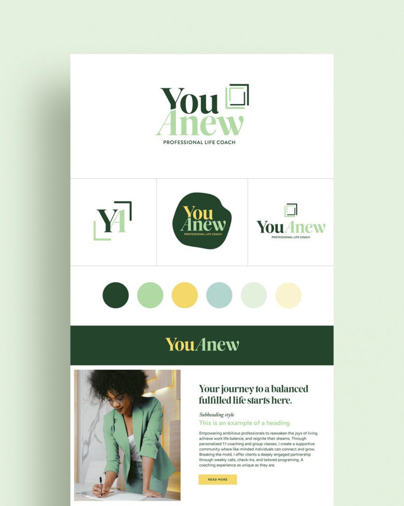 YouAnew life coach brand board with logo designs, color palette, and typography