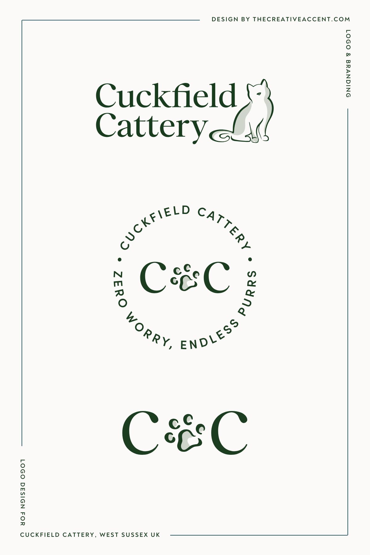 cattery logo design suite with main logo, alternate, and monogram