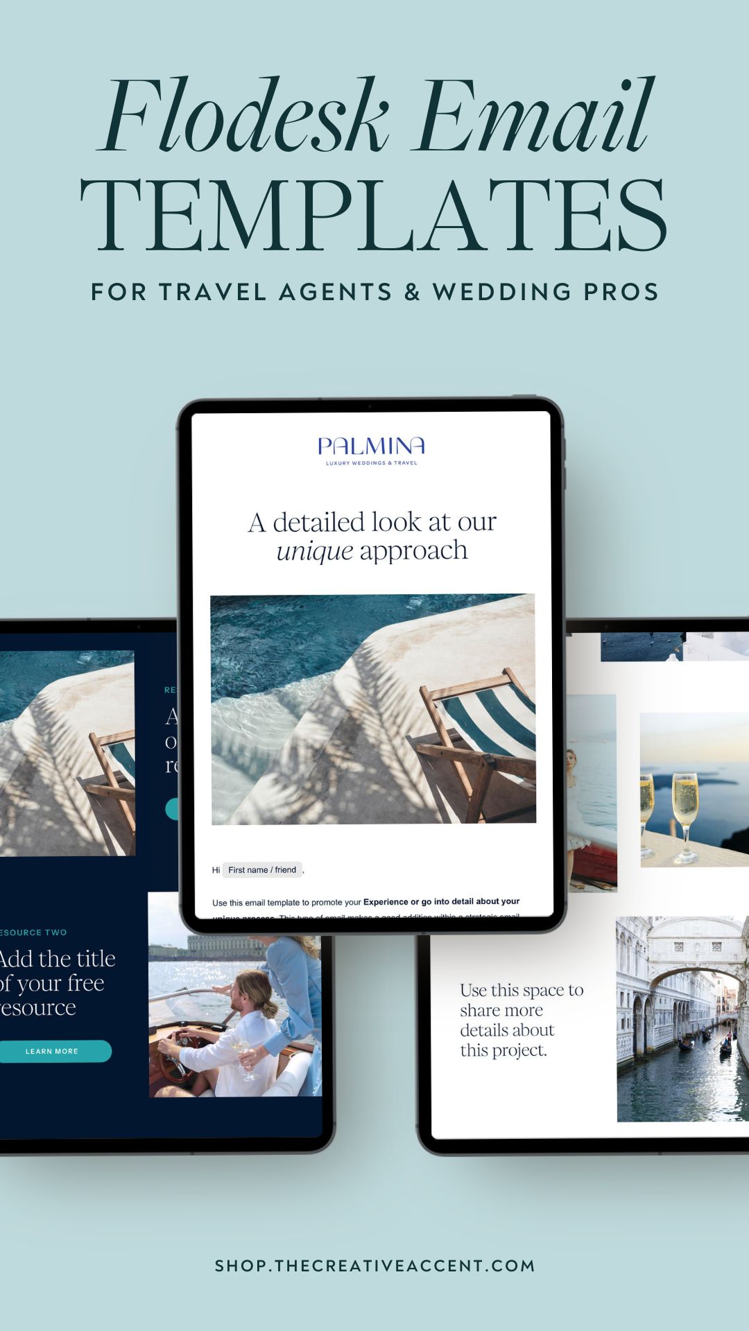 Flodesk email marketing templates for travel agents and wedding pros