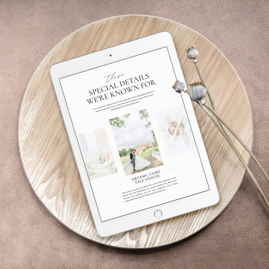 ipad mockup of Castella Showit website template for photographers showing canvas views