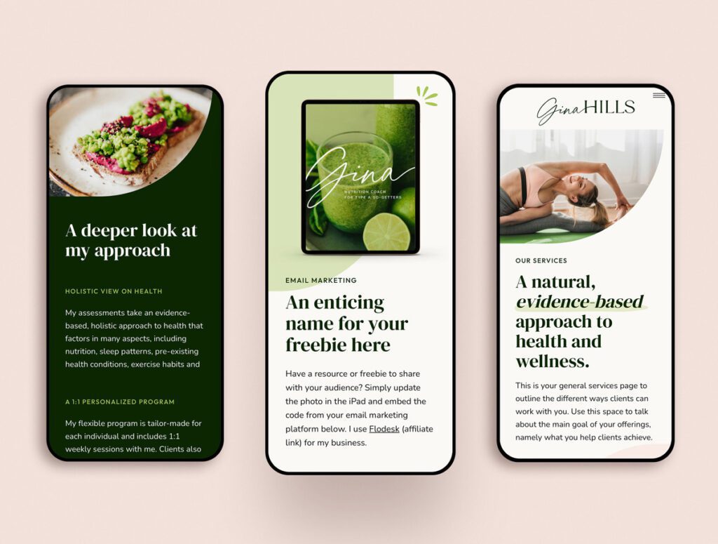 phone mockups of Gina Hills Showit website template for coaches showing curved photo frames