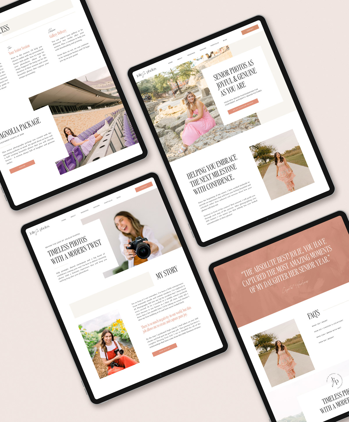 iPad mockups of the brand and Showit website redesign case study for Jolie Jo Photography