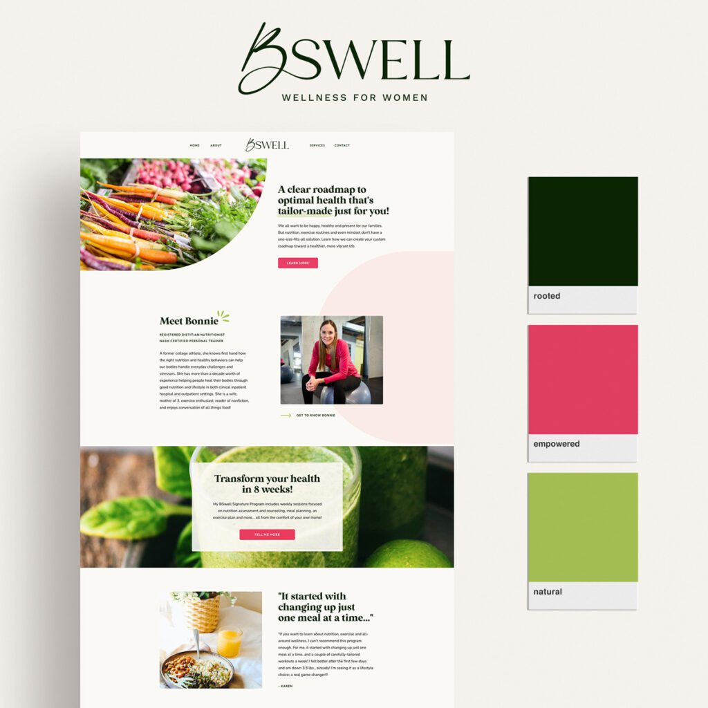 new branding and website design for wellness coach bswell, showing homepage design, new logo and color palette