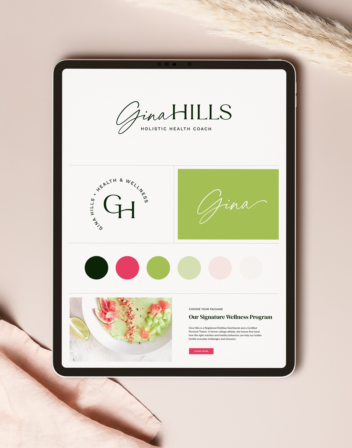 Brand style guide overview for Gina Hills, a semi-custom brand kit for personal trainers and coaches