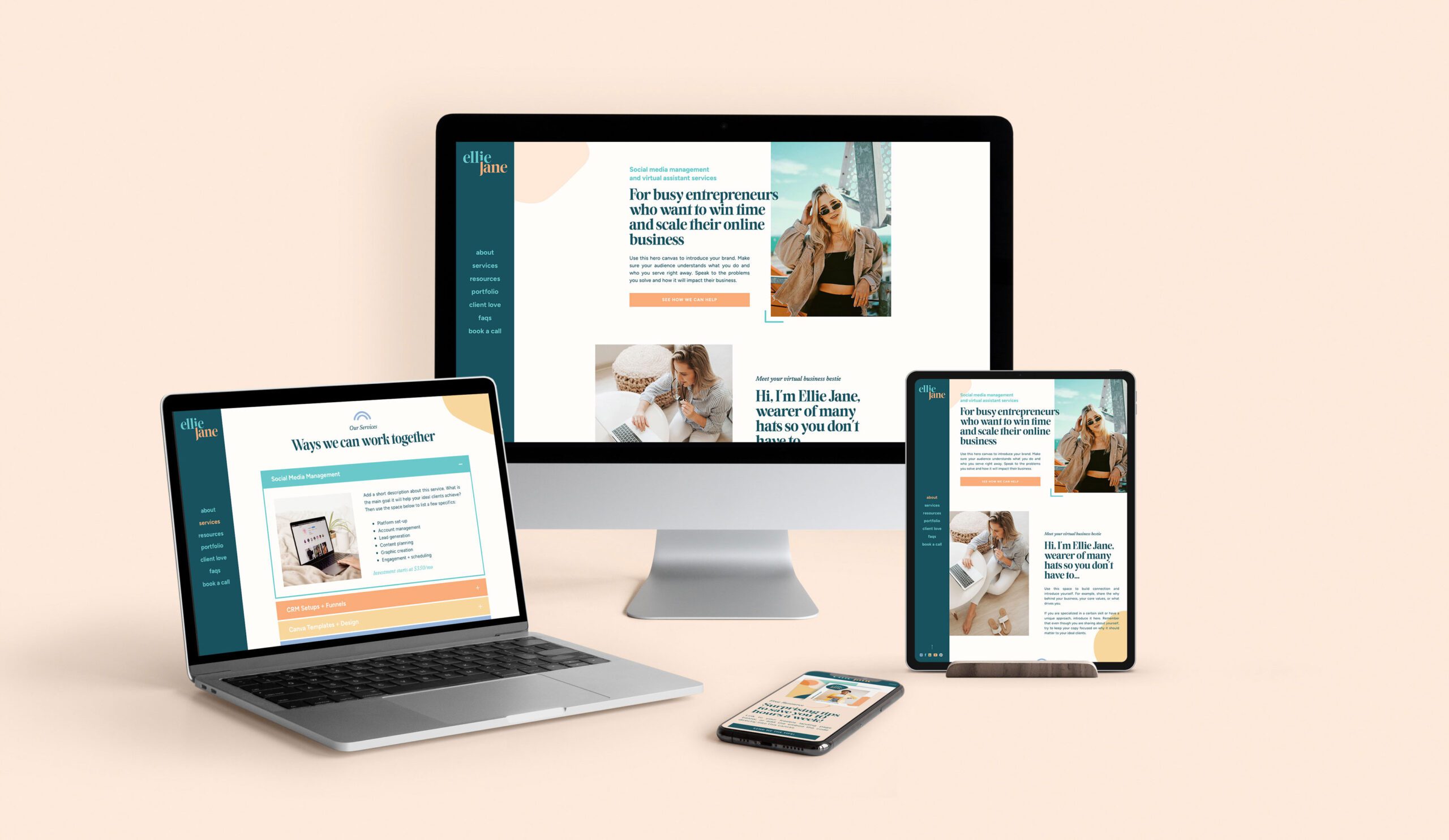 mockups of Ellie Jane - a mini one page website template for Showit