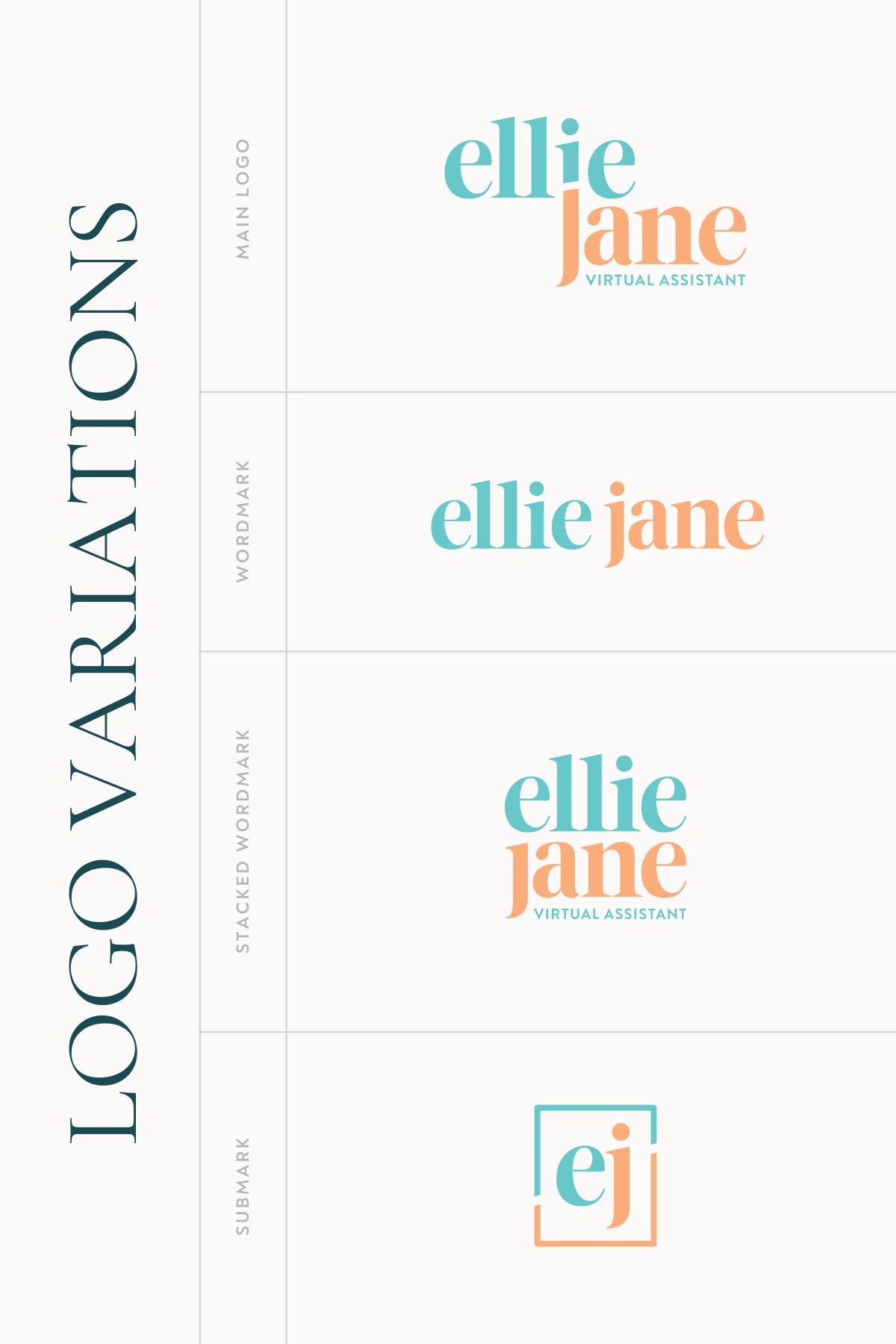 logo design variations for Ellie Jane semi-custom brand kit, including the main logo, horizontal wordmark, stacked wordmark, and submark