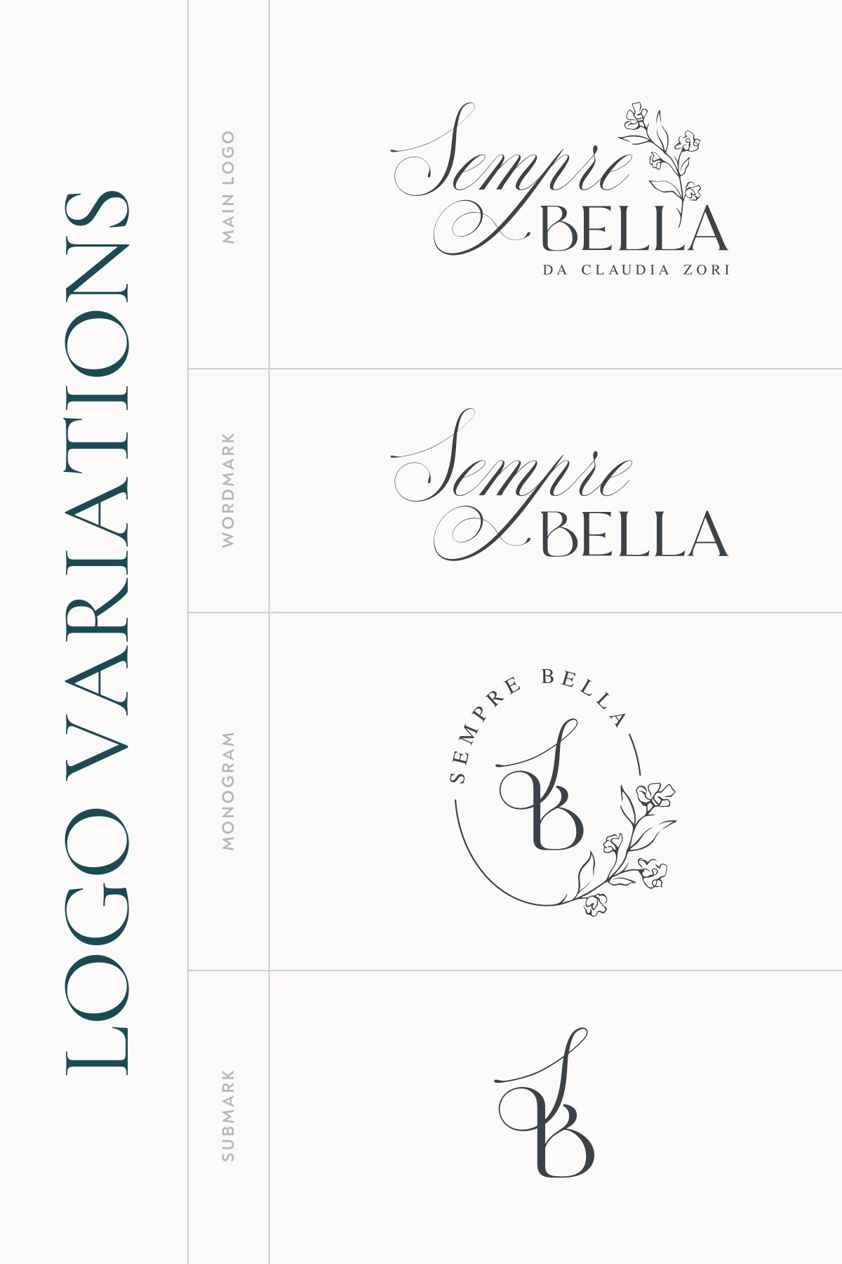 floral logo design variations for nail salon that include the main logo, wordmark, monogram logo and submark