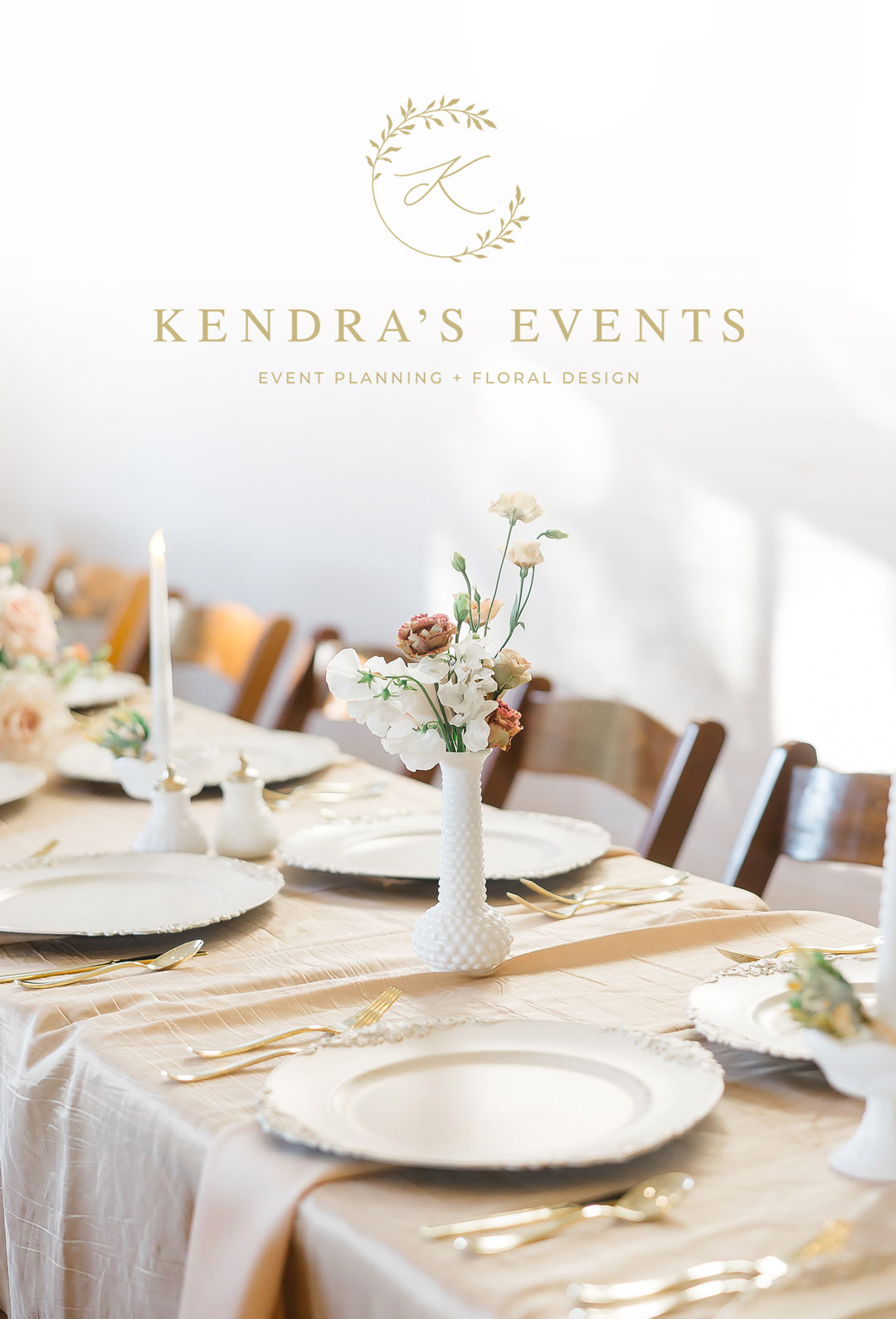 new logo design for wedding planner rebrand overlaying a photo of beautiful wedding table decor