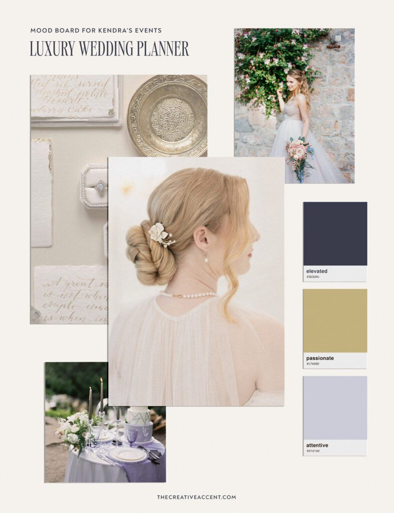 mood board inspiration and soft color palette for Kendra's Events, a luxury wedding planner and florist from Texas.