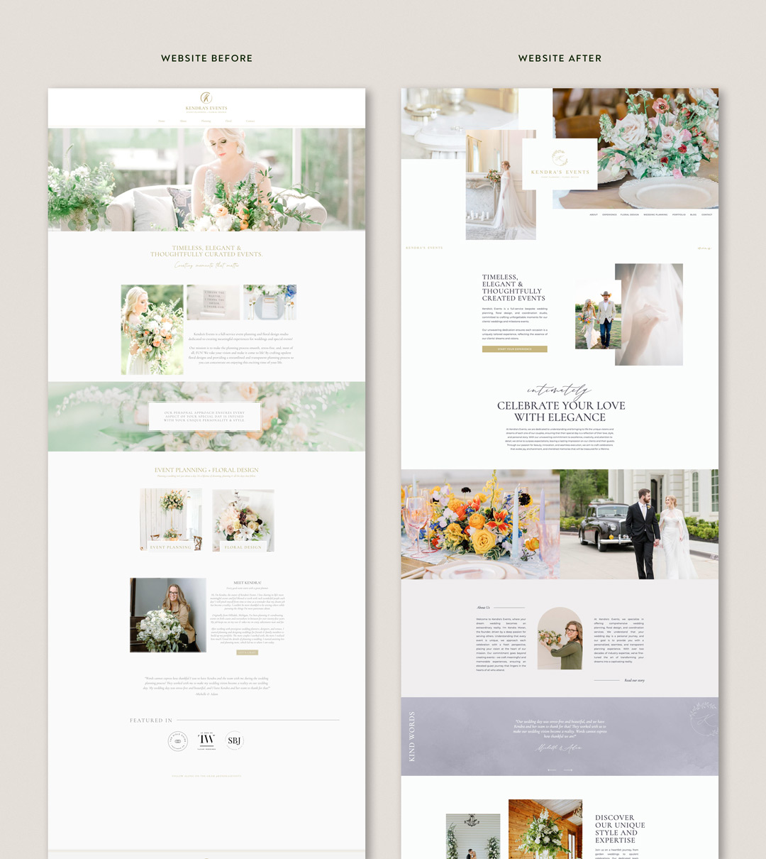before and after of Kendra's Events new website design