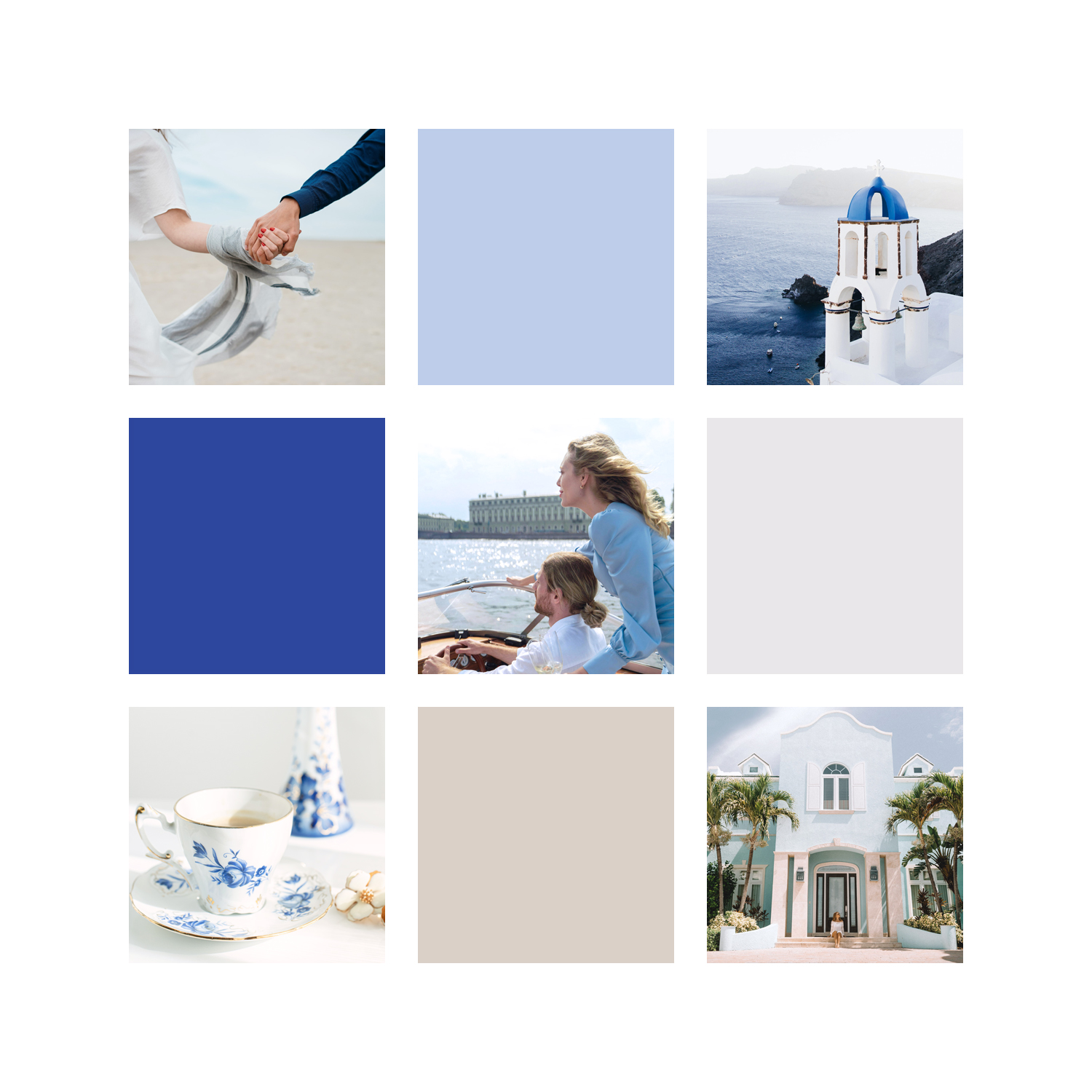 soft, serene blue color palette and moodboard with a pop of royal blue