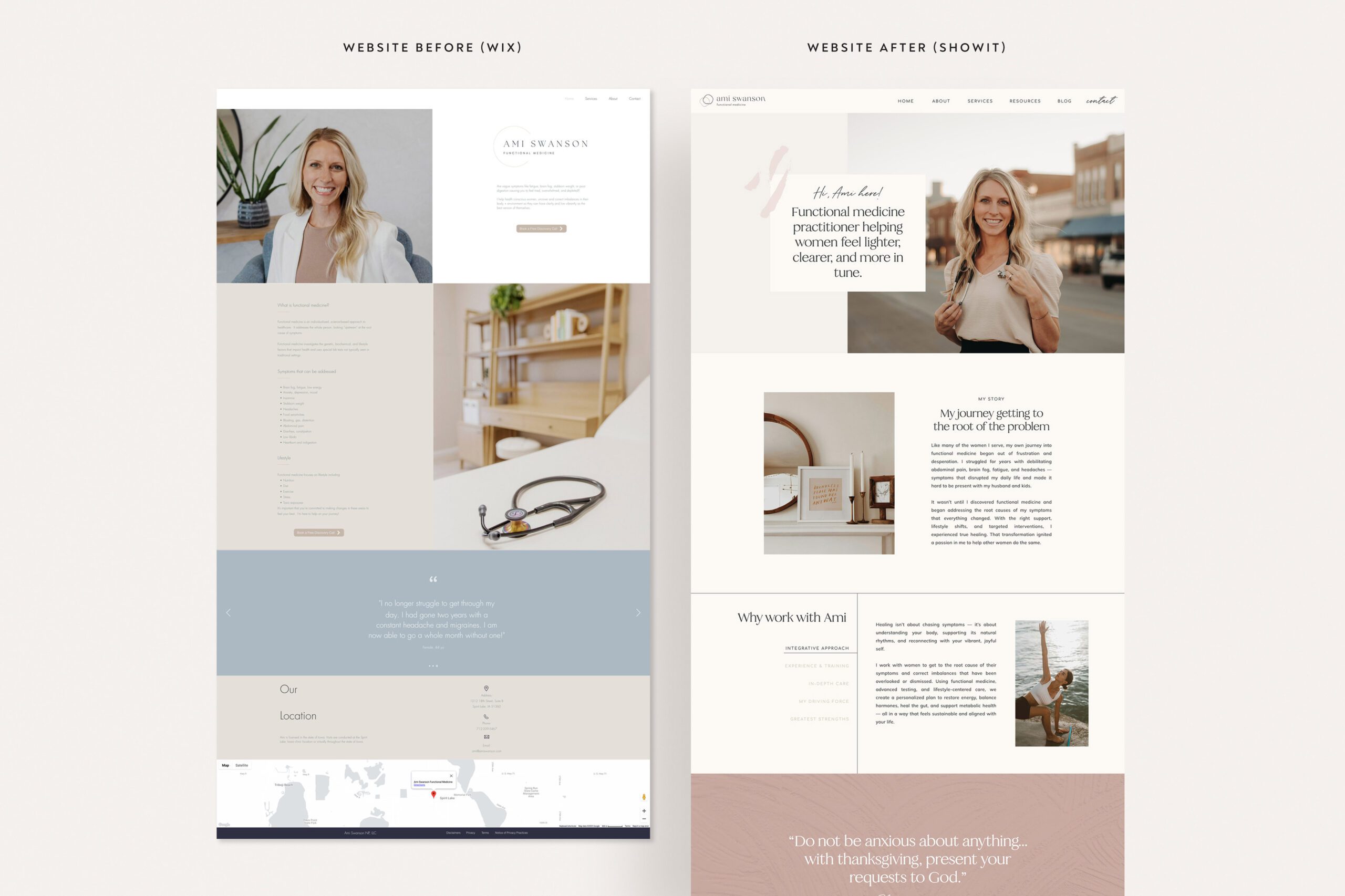 before and after website redesign transformation for ami swanson