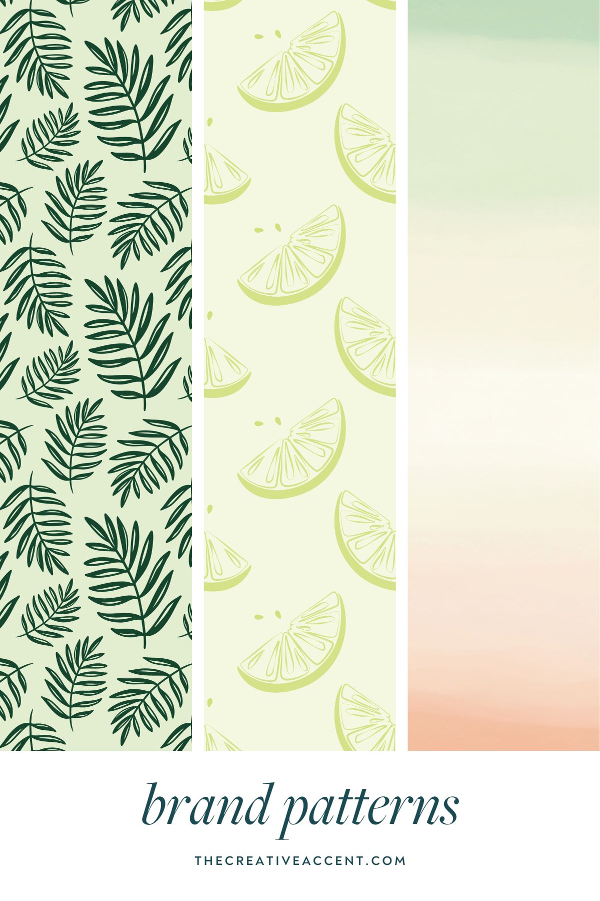 3 brand pattern designs for The Lime List Group including palm leaves, limes, and a watercolor wash