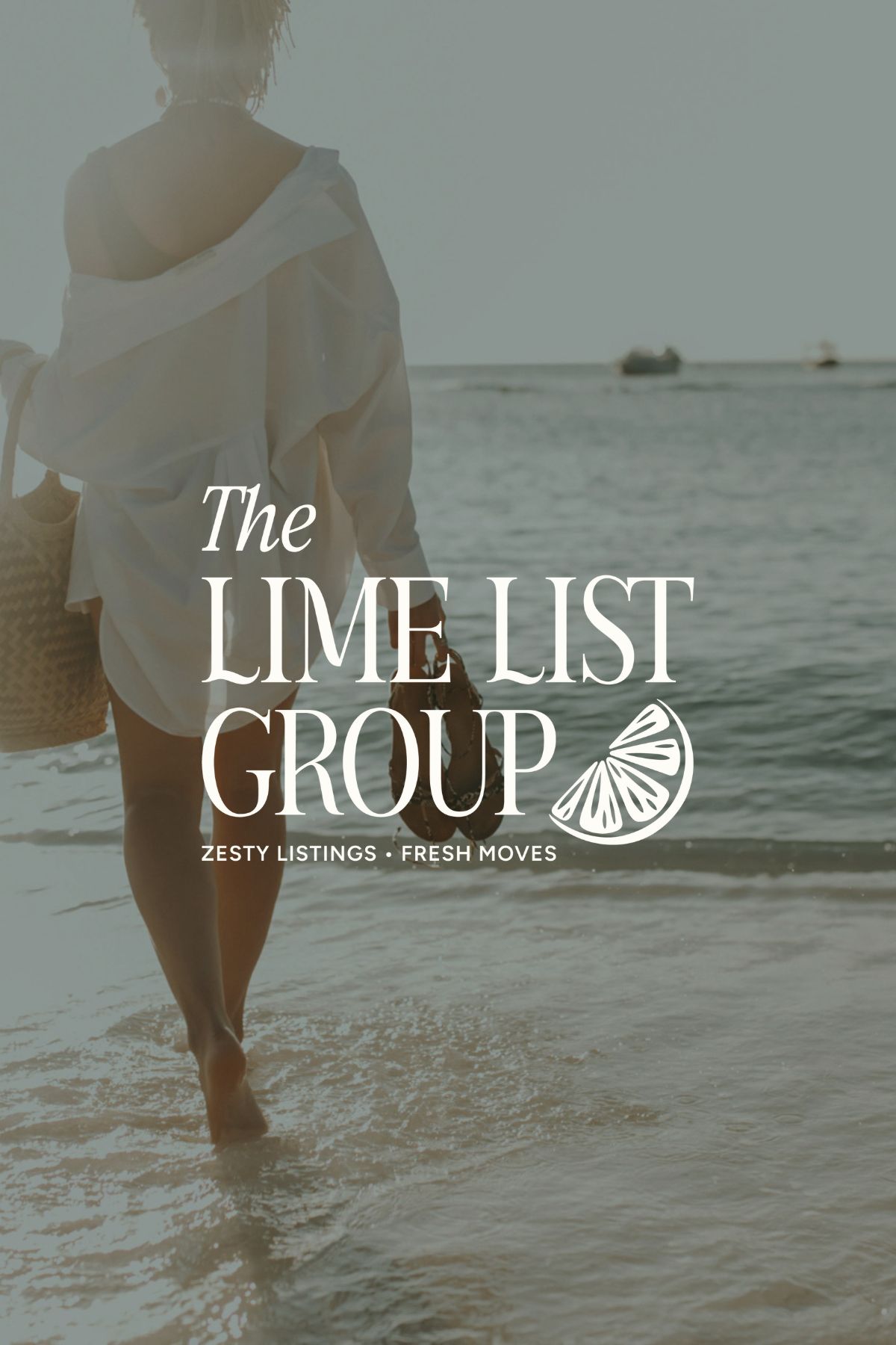 The Lime List Group logo design over photo of woman walking on beach
