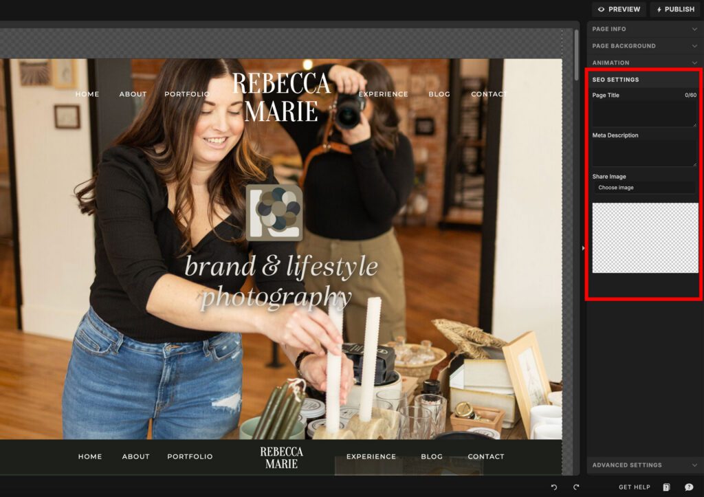 Where to add page titles and meta descriptions to a Showit website